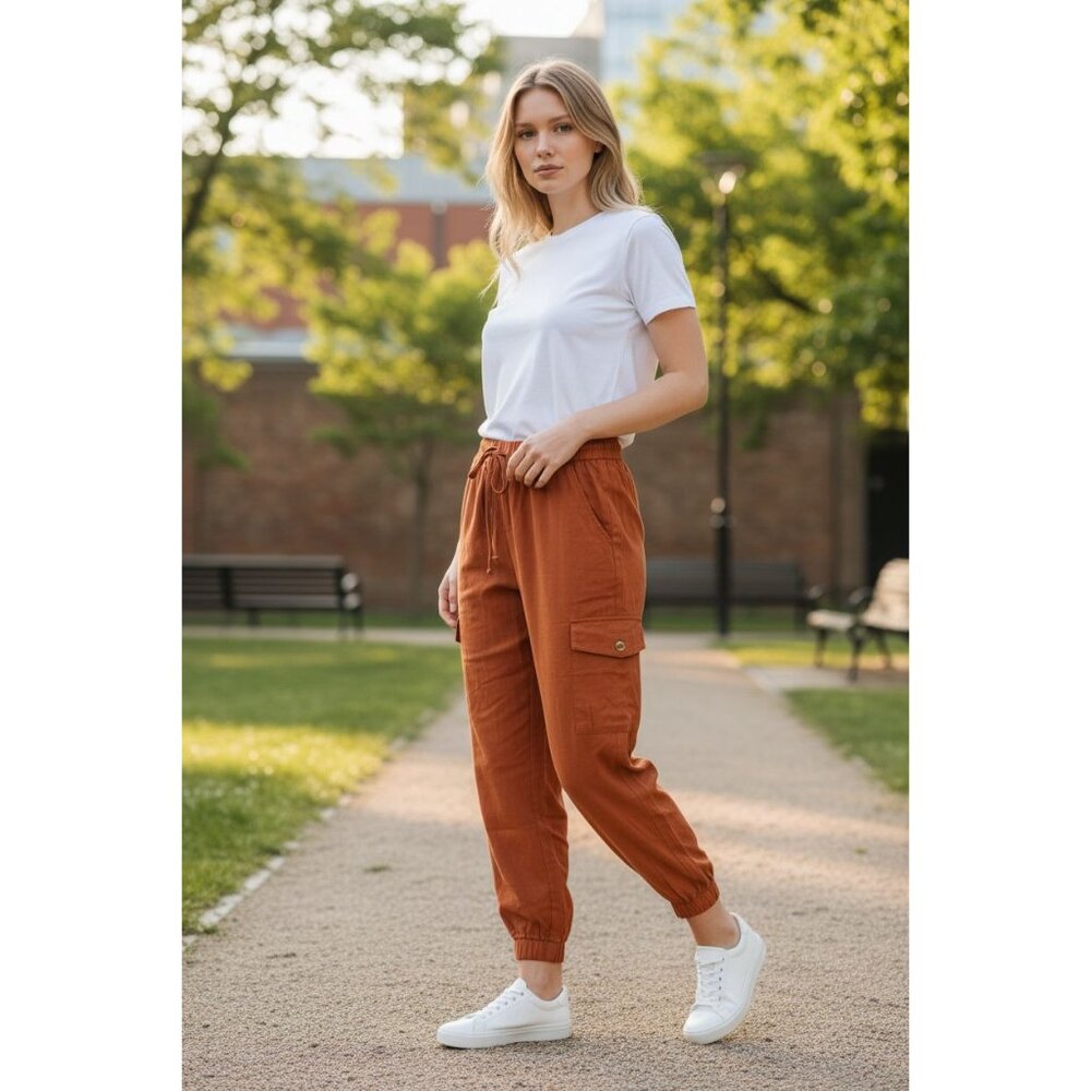 Womens Rust Cargo Pants By Dress Forum L Tencel Elastic Waist Drawstring Pockets - Picture 2 of 10